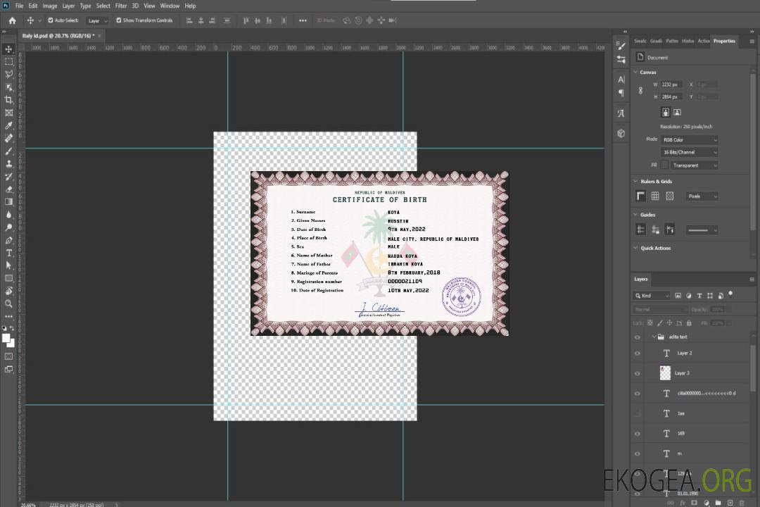 Modèle PSD de certificat de naissance de l'état civil des Maldives template